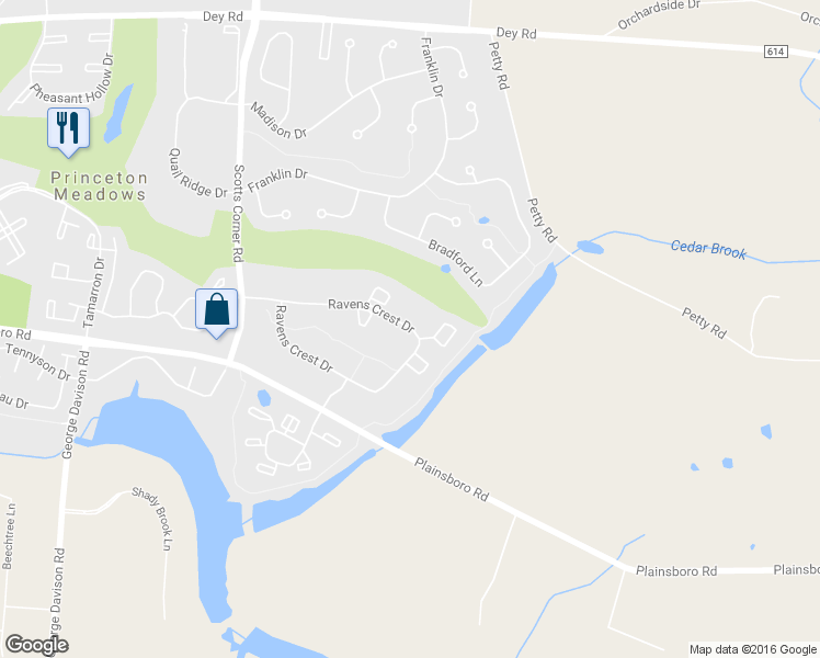 map of restaurants, bars, coffee shops, grocery stores, and more near 4812 Ravens Crest Drive in Plainsboro Township