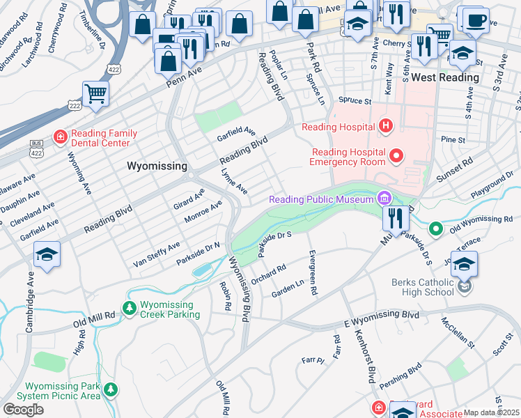 map of restaurants, bars, coffee shops, grocery stores, and more near 1125 Parkside Drive North in Wyomissing