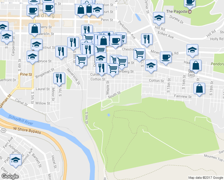 map of restaurants, bars, coffee shops, grocery stores, and more near 550 S 11th St in Reading