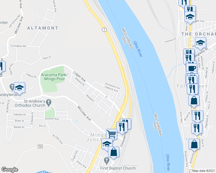 map of restaurants, bars, coffee shops, grocery stores, and more near 235 Hallock Avenue in Mingo Junction