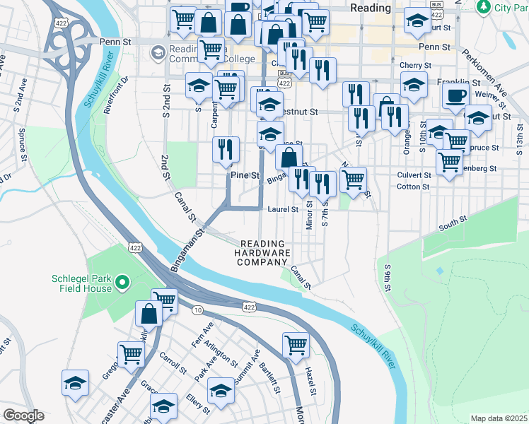 map of restaurants, bars, coffee shops, grocery stores, and more near 501 South 5th Street in Reading