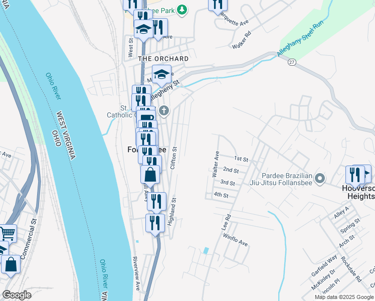 map of restaurants, bars, coffee shops, grocery stores, and more near 870 Walnut Street in Follansbee