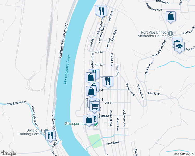 map of restaurants, bars, coffee shops, grocery stores, and more near 500 Ohio Avenue in Glassport