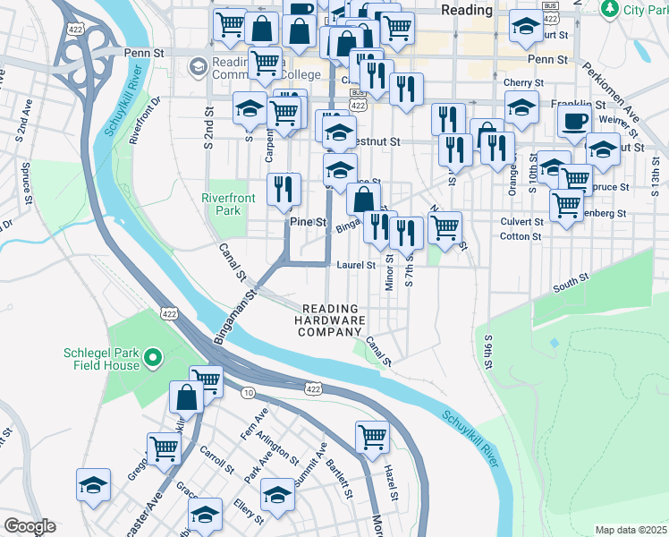 map of restaurants, bars, coffee shops, grocery stores, and more near 501 South 5th Street in Reading