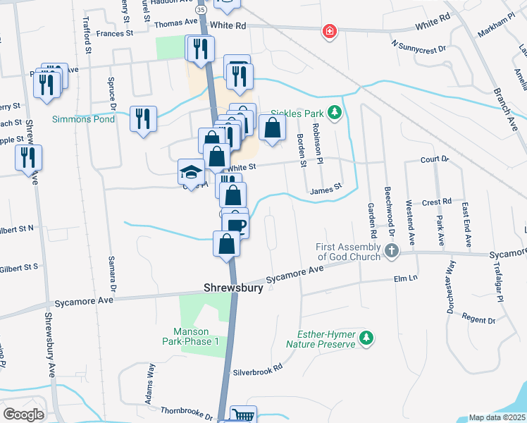 map of restaurants, bars, coffee shops, grocery stores, and more near 21 Buttonwood Drive in Shrewsbury