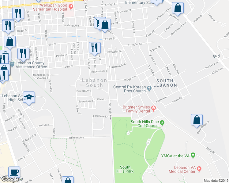 map of restaurants, bars, coffee shops, grocery stores, and more near 909 Smith Ave in Lebanon