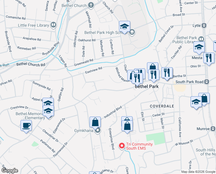 map of restaurants, bars, coffee shops, grocery stores, and more near 3070 South Park Road in Bethel Park