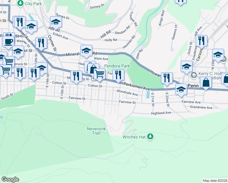 map of restaurants, bars, coffee shops, grocery stores, and more near 523 South 18 1/2 Street in Reading