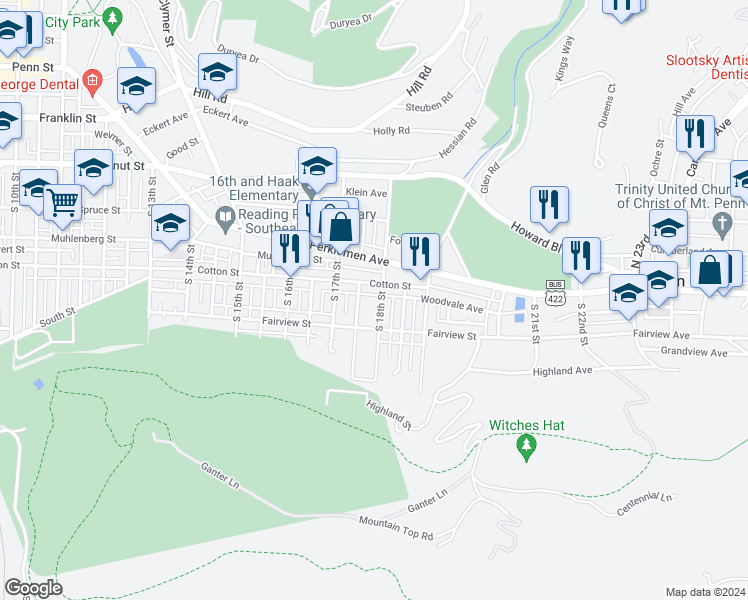 map of restaurants, bars, coffee shops, grocery stores, and more near 522 South 18th Street in Reading
