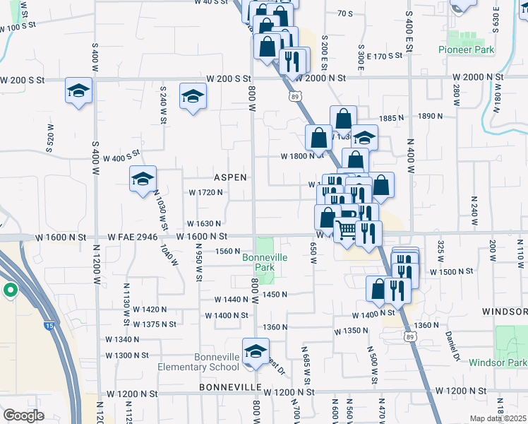 map of restaurants, bars, coffee shops, grocery stores, and more near 748 1650 North in Orem