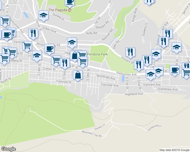 map of restaurants, bars, coffee shops, grocery stores, and more near 523 South 18 1/2 Street in Reading