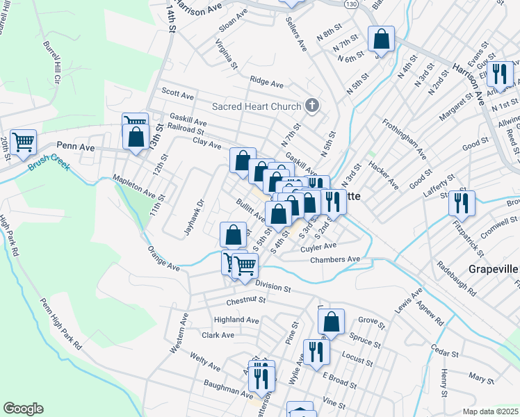 map of restaurants, bars, coffee shops, grocery stores, and more near 225 South 6th Street in Jeannette
