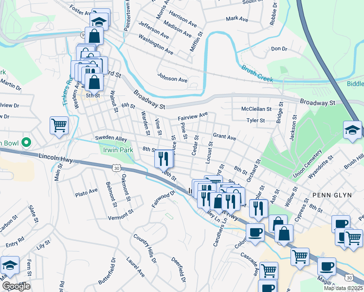 map of restaurants, bars, coffee shops, grocery stores, and more near 712 Pennsylvania Ave in Irwin
