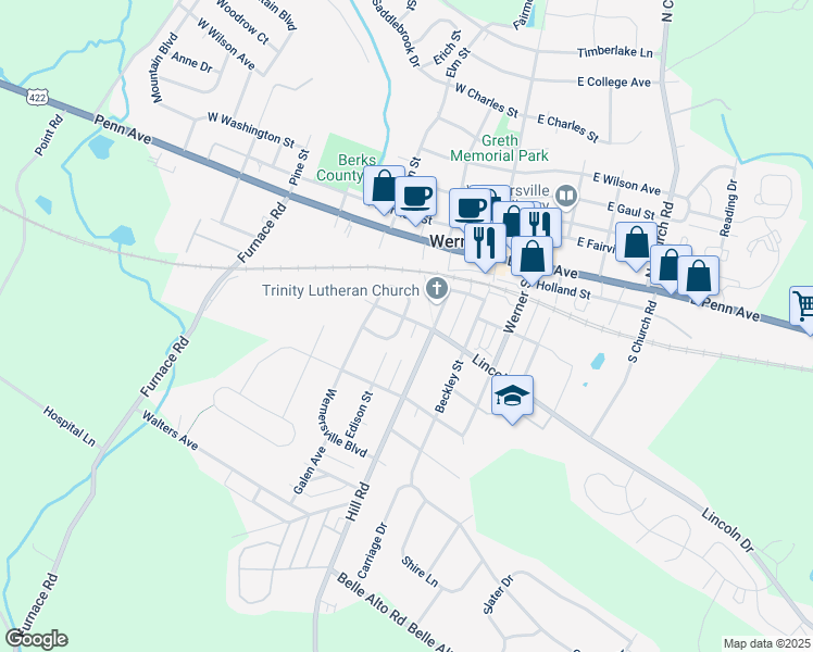 map of restaurants, bars, coffee shops, grocery stores, and more near 200 South Rosewood Court in Wernersville