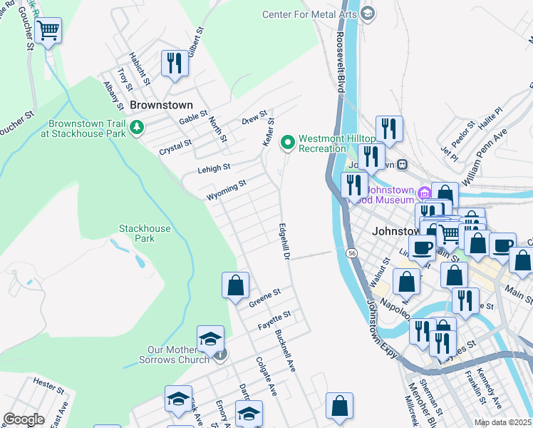map of restaurants, bars, coffee shops, grocery stores, and more near 42 Venango Street in Johnstown