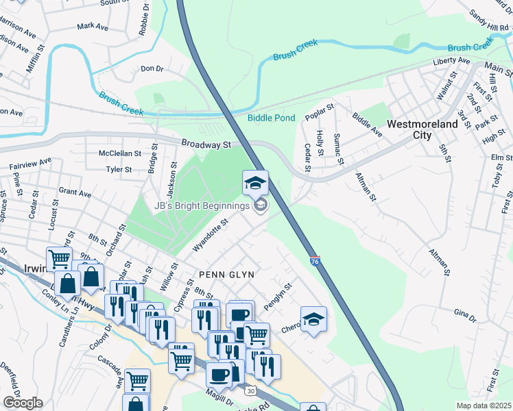 map of restaurants, bars, coffee shops, grocery stores, and more near 780 Brush Hill Road in Irwin