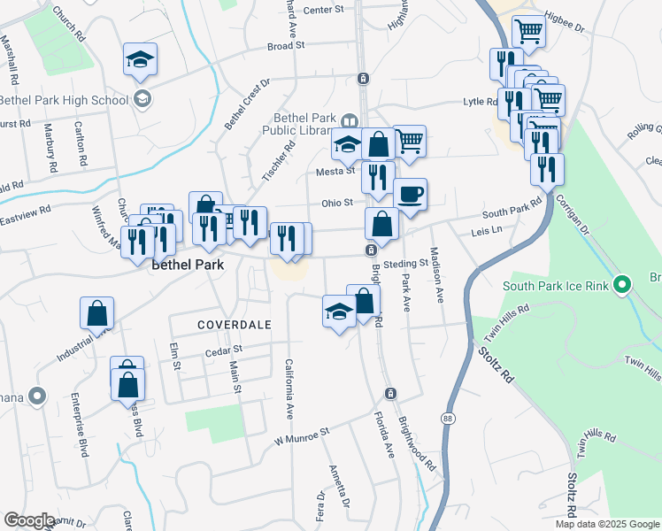 map of restaurants, bars, coffee shops, grocery stores, and more near 2739 South Park Road in Bethel Park