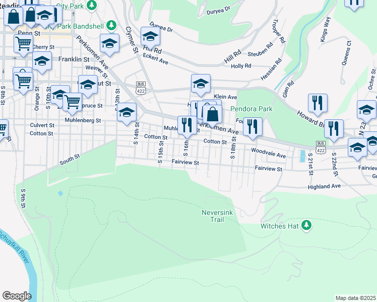 map of restaurants, bars, coffee shops, grocery stores, and more near 529 South 16th Street in Reading