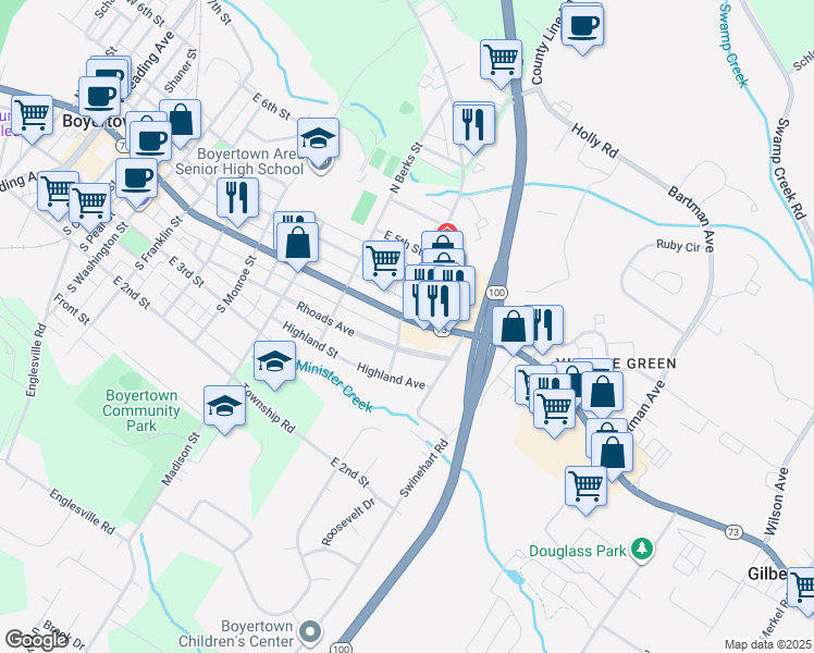 map of restaurants, bars, coffee shops, grocery stores, and more near 810 East Philadelphia Avenue in Boyertown