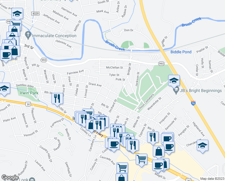 map of restaurants, bars, coffee shops, grocery stores, and more near 517 Greene Street in Irwin