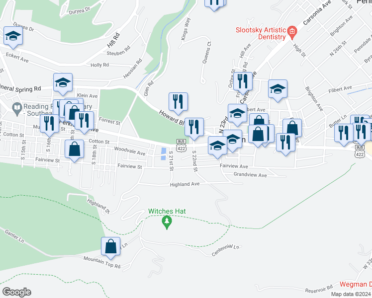 map of restaurants, bars, coffee shops, grocery stores, and more near 2136 Perkiomen Avenue in Mount Penn