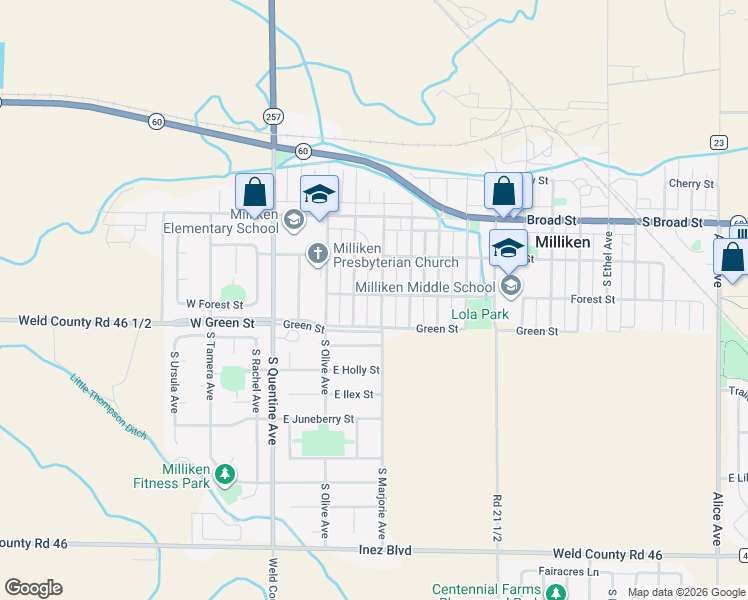 map of restaurants, bars, coffee shops, grocery stores, and more near 420 Forest Street in Milliken
