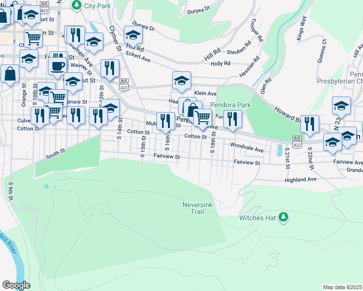 map of restaurants, bars, coffee shops, grocery stores, and more near 531 South 16 1/2 Street in Reading