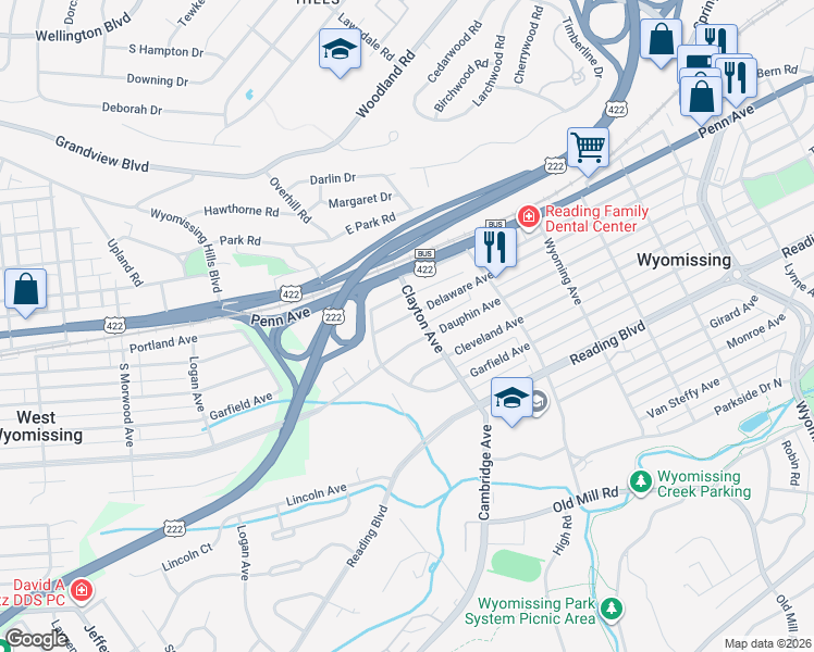 map of restaurants, bars, coffee shops, grocery stores, and more near 1718 Delaware Avenue in Wyomissing