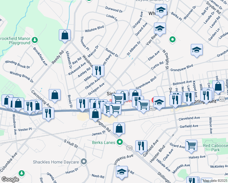 map of restaurants, bars, coffee shops, grocery stores, and more near 161 Crest Road in Sinking Spring