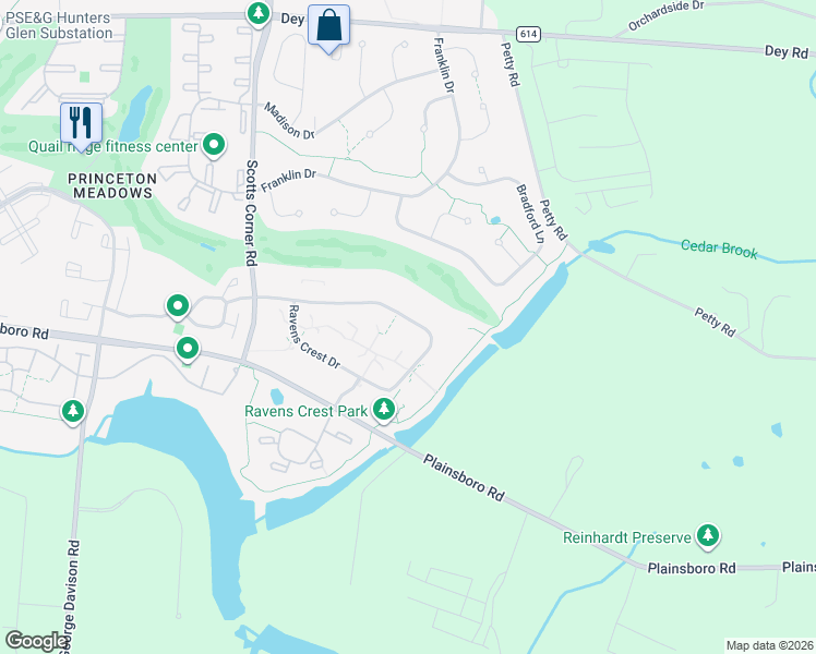 map of restaurants, bars, coffee shops, grocery stores, and more near 1801 Ravens Crest Drive in Plainsboro Township