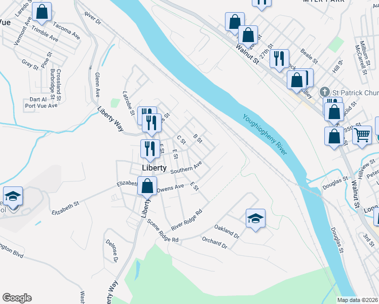 map of restaurants, bars, coffee shops, grocery stores, and more near 2801 E Street in McKeesport