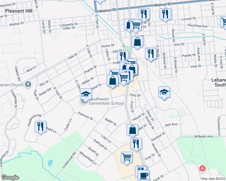 map of restaurants, bars, coffee shops, grocery stores, and more near 810 South 12th Street in Lebanon