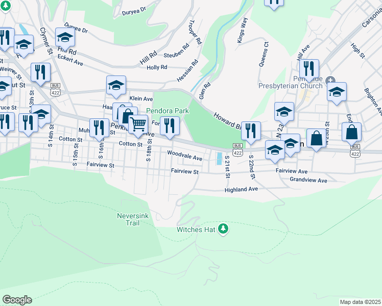 map of restaurants, bars, coffee shops, grocery stores, and more near 1963 Woodvale Avenue in Mount Penn