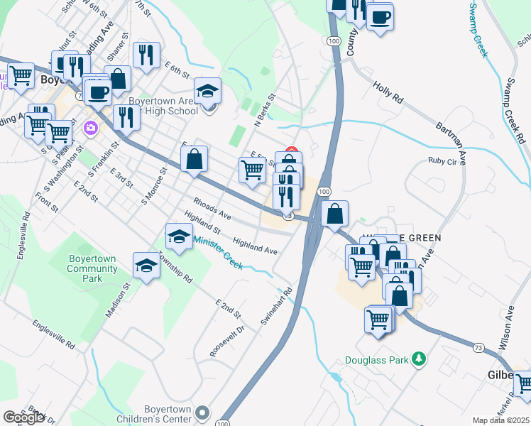 map of restaurants, bars, coffee shops, grocery stores, and more near 810 East Philadelphia Avenue in Boyertown