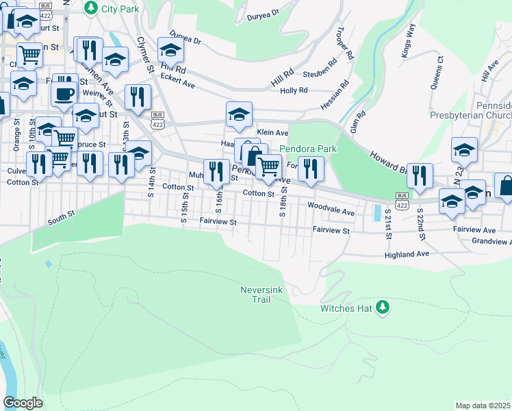 map of restaurants, bars, coffee shops, grocery stores, and more near 523 South 17th Street in Reading