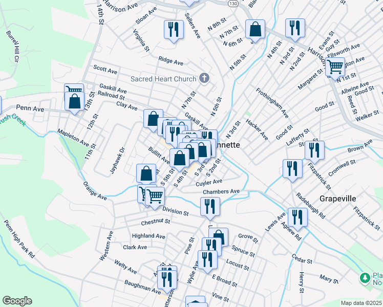 map of restaurants, bars, coffee shops, grocery stores, and more near in Jeannette