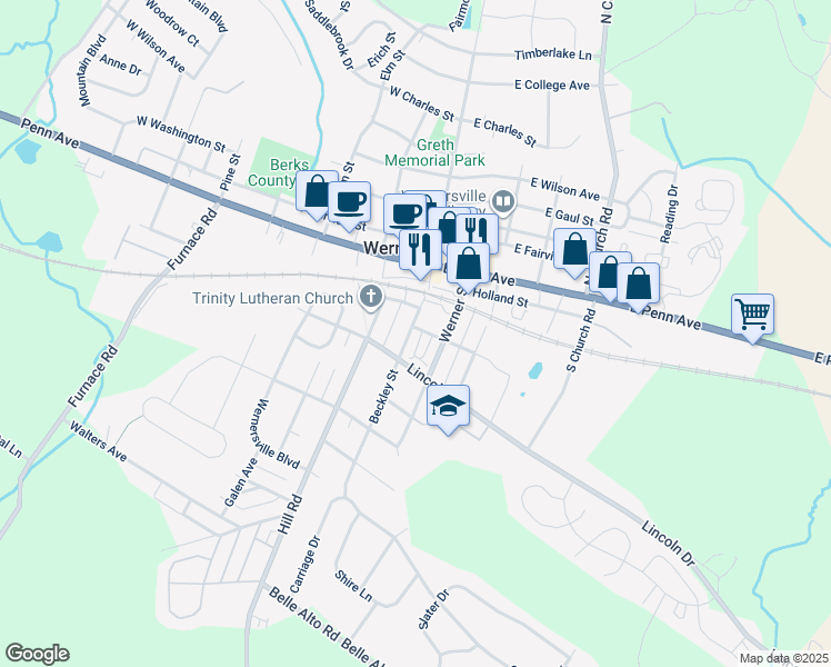 map of restaurants, bars, coffee shops, grocery stores, and more near 133 Beckley Street in Wernersville
