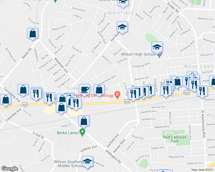 map of restaurants, bars, coffee shops, grocery stores, and more near 3025 Belmont Avenue in West Lawn