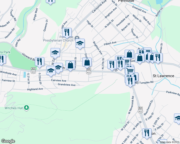 map of restaurants, bars, coffee shops, grocery stores, and more near 2602 Perkiomen Avenue in Mount Penn