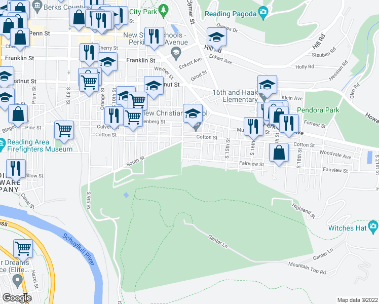 map of restaurants, bars, coffee shops, grocery stores, and more near 1320 Kenny Street in Reading