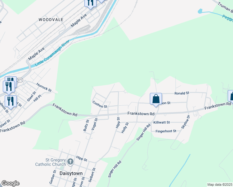 map of restaurants, bars, coffee shops, grocery stores, and more near 320 Hipp Street in Johnstown