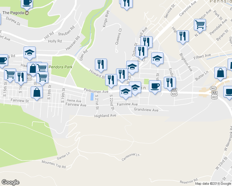 map of restaurants, bars, coffee shops, grocery stores, and more near 2220 Perkiomen Avenue in Reading