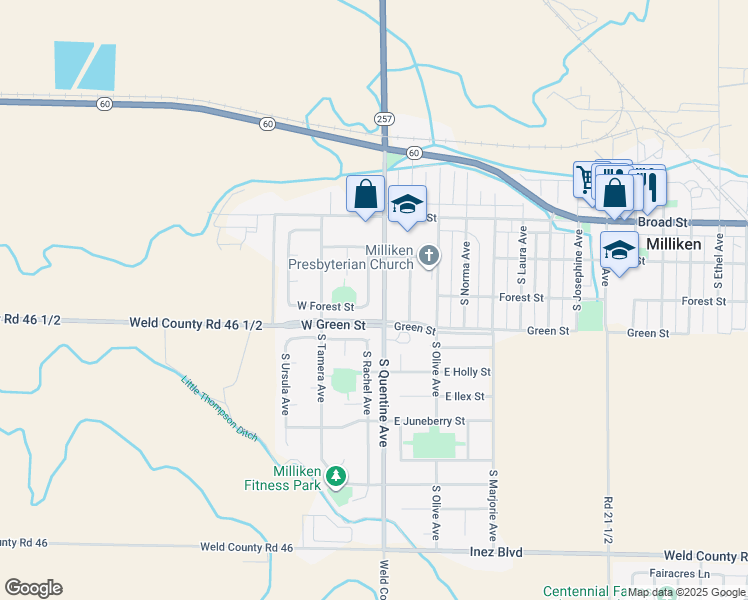 map of restaurants, bars, coffee shops, grocery stores, and more near 330 South Rachel Avenue in Milliken