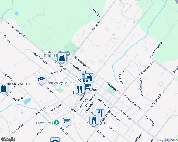 map of restaurants, bars, coffee shops, grocery stores, and more near 140 North Washington Street in Telford