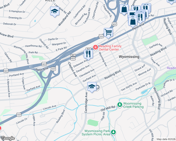 map of restaurants, bars, coffee shops, grocery stores, and more near 1602 Cleveland Avenue in Wyomissing