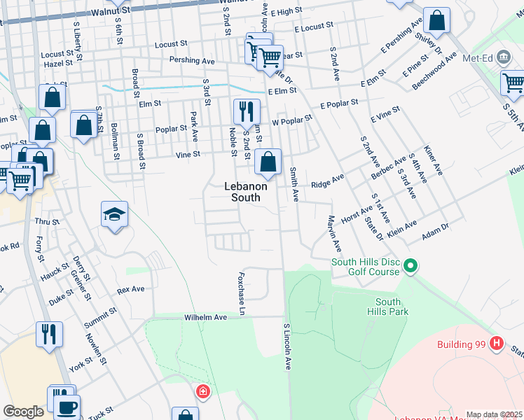 map of restaurants, bars, coffee shops, grocery stores, and more near 25 Parkside Drive in Lebanon