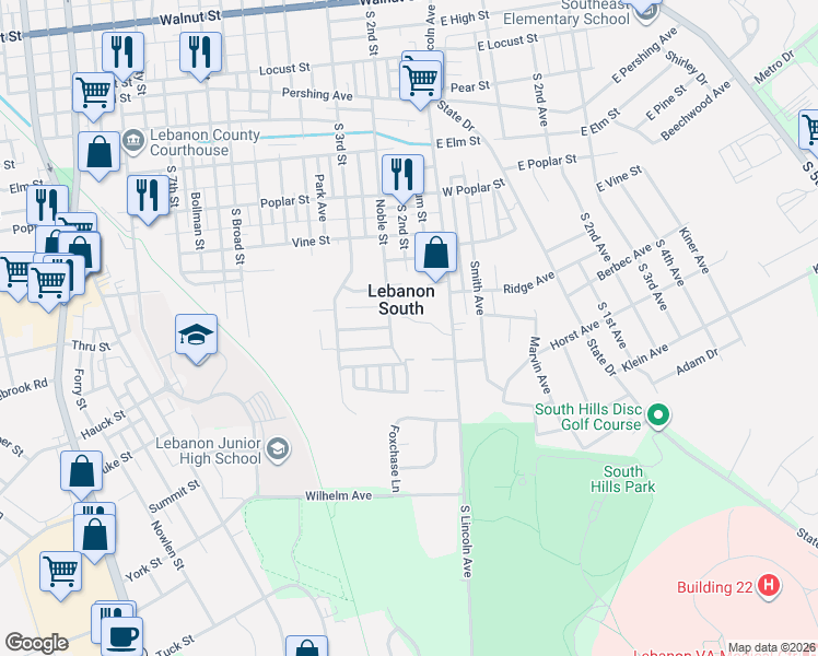 map of restaurants, bars, coffee shops, grocery stores, and more near 916 Noble Street in Lebanon