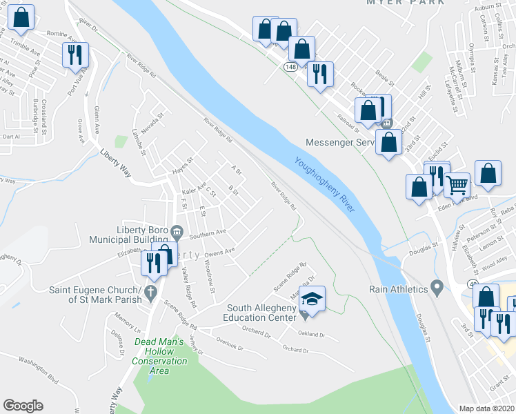 map of restaurants, bars, coffee shops, grocery stores, and more near 207 Southern Avenue in McKeesport
