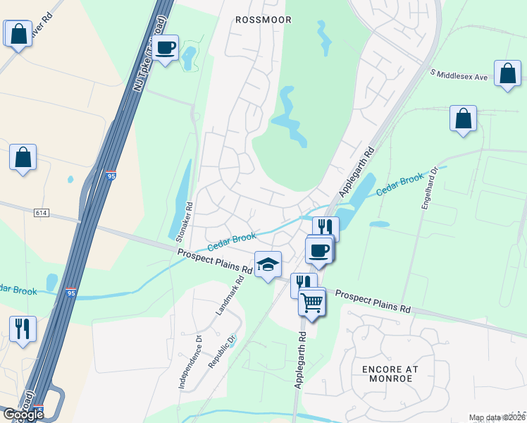 map of restaurants, bars, coffee shops, grocery stores, and more near 352B Old Nassau Road in Monroe Township