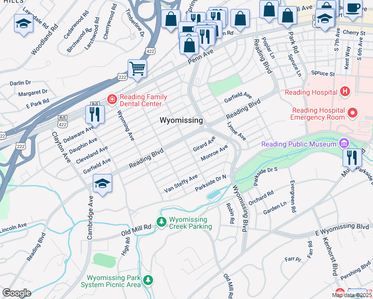 map of restaurants, bars, coffee shops, grocery stores, and more near 518 Lake Avenue in Wyomissing